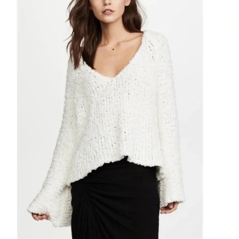 FREE PEOPLE Ivory Sand Dune Bell Sleeve Cotton Blend V-neck Sweater xs